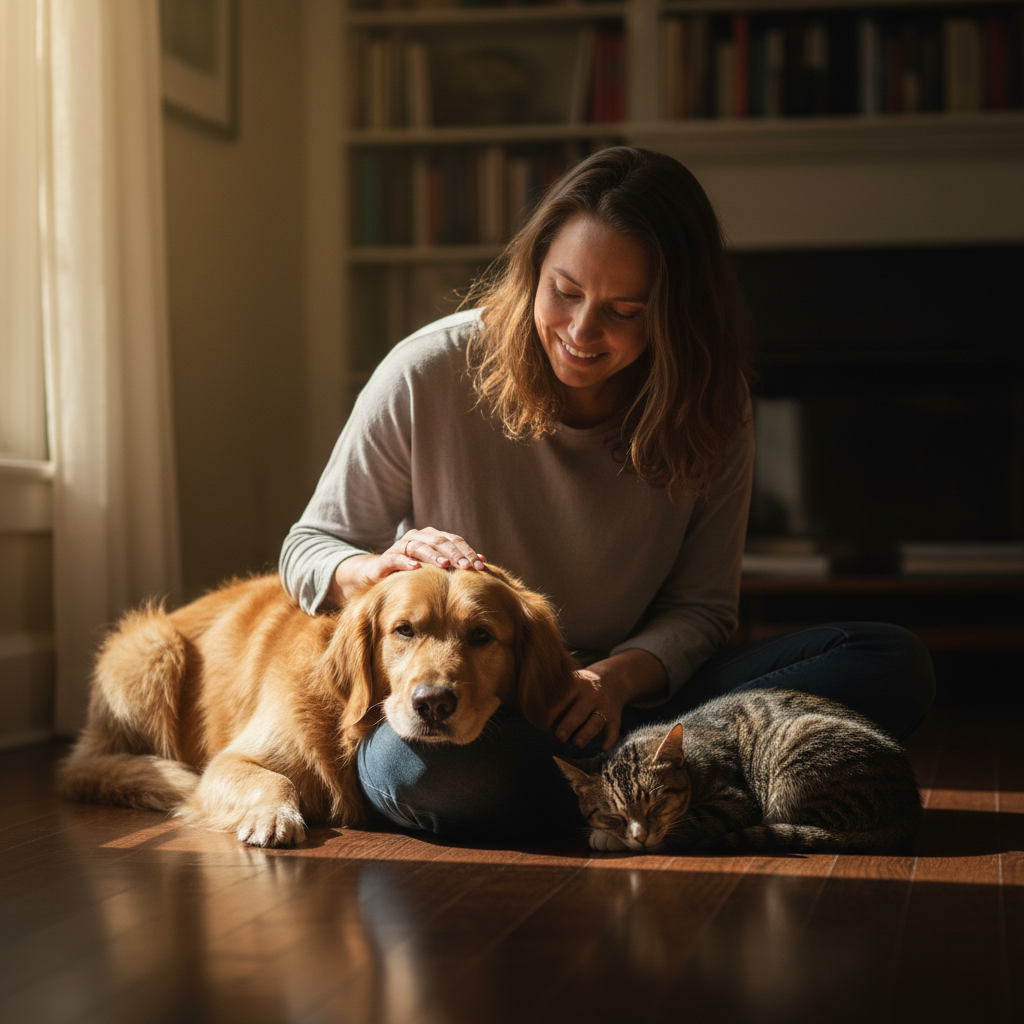 Woman with golden retriever and cat